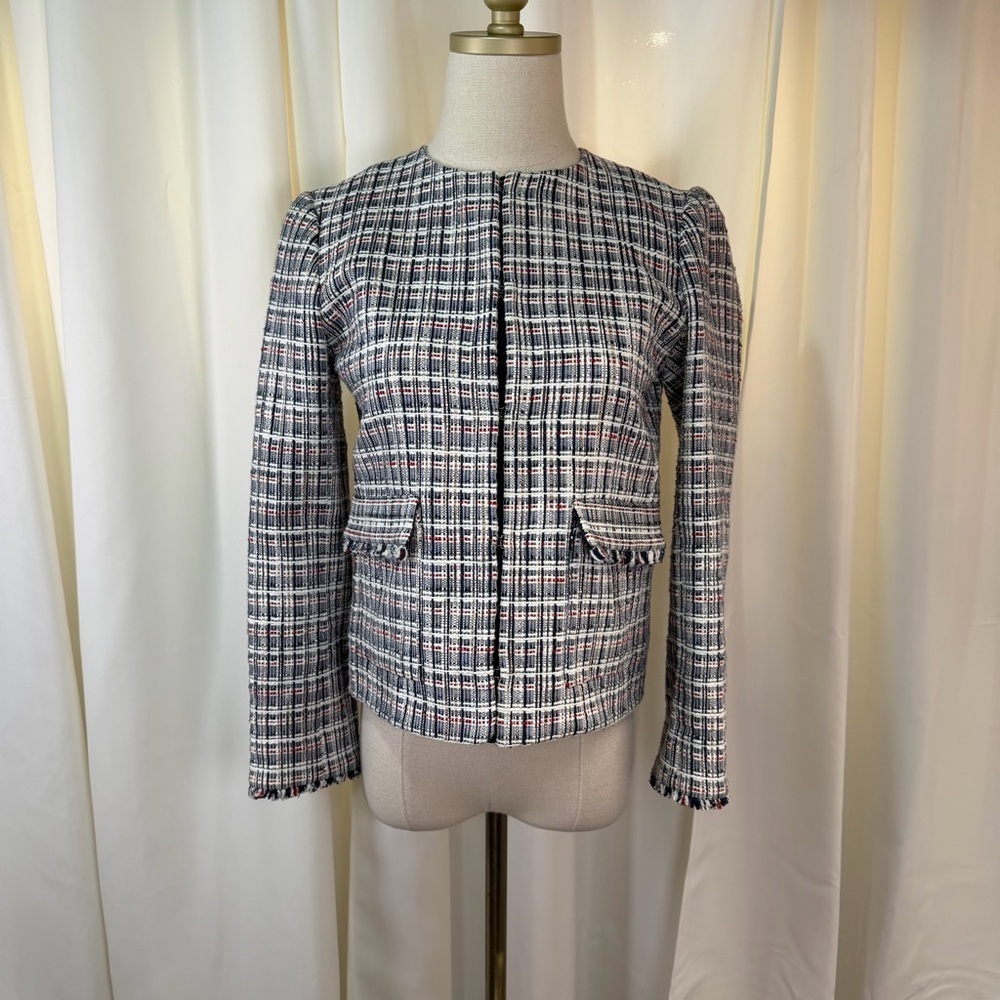J. Crew Colorful Plaid Checked Fringed Tweed Suit Coat in Red, White & Blue Sz 0